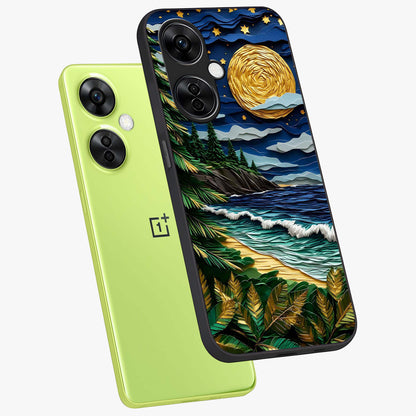 Moonlit Ocean Pines Glass Case for 1+Nord CE 3 Lite angled mockup showcasing glossy finish and deep blue gradients