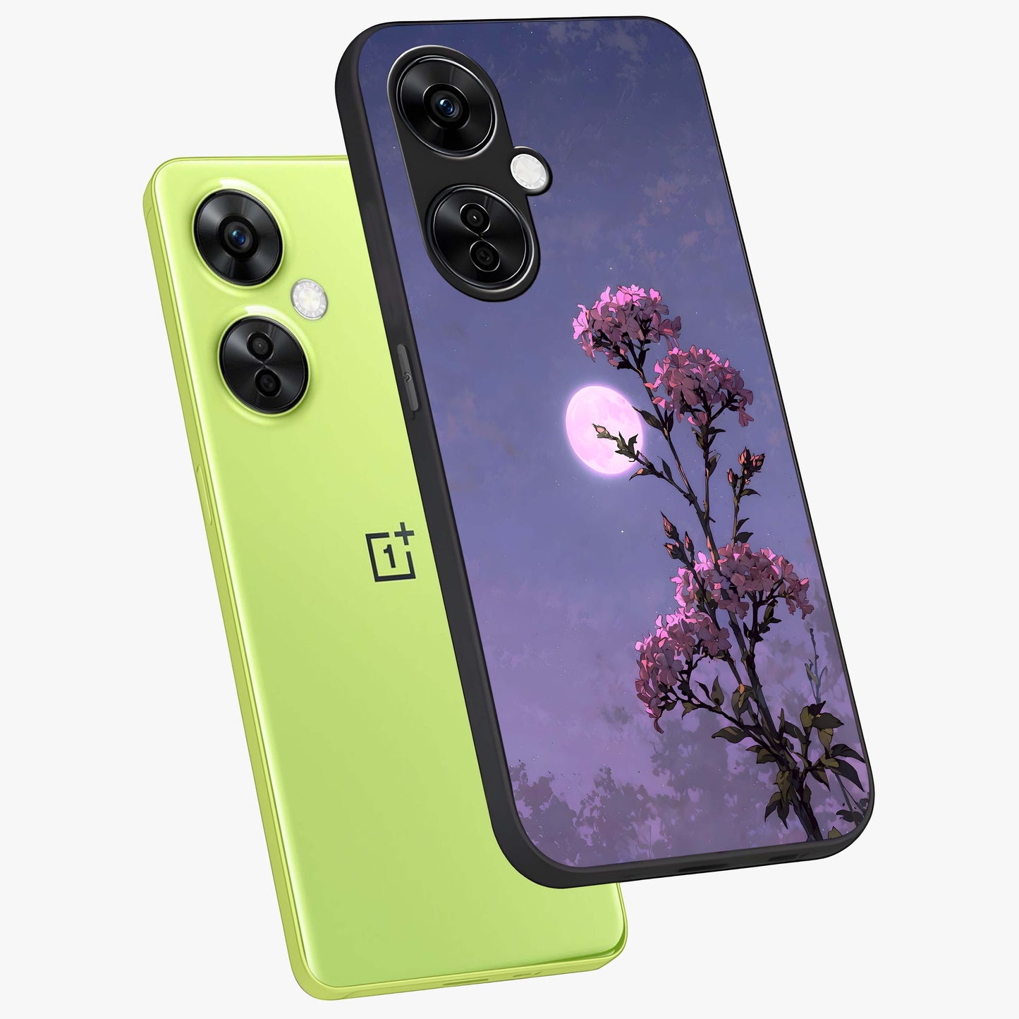 Moonlit Petal Night Glass Case for 1+Nord CE 3 Lite angled mockup showcasing glossy finish and subtle moonlight detailing