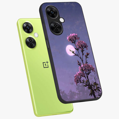 Moonlit Petal Night Glass Case for 1+Nord CE 3 Lite angled mockup showcasing glossy finish and subtle moonlight detailing