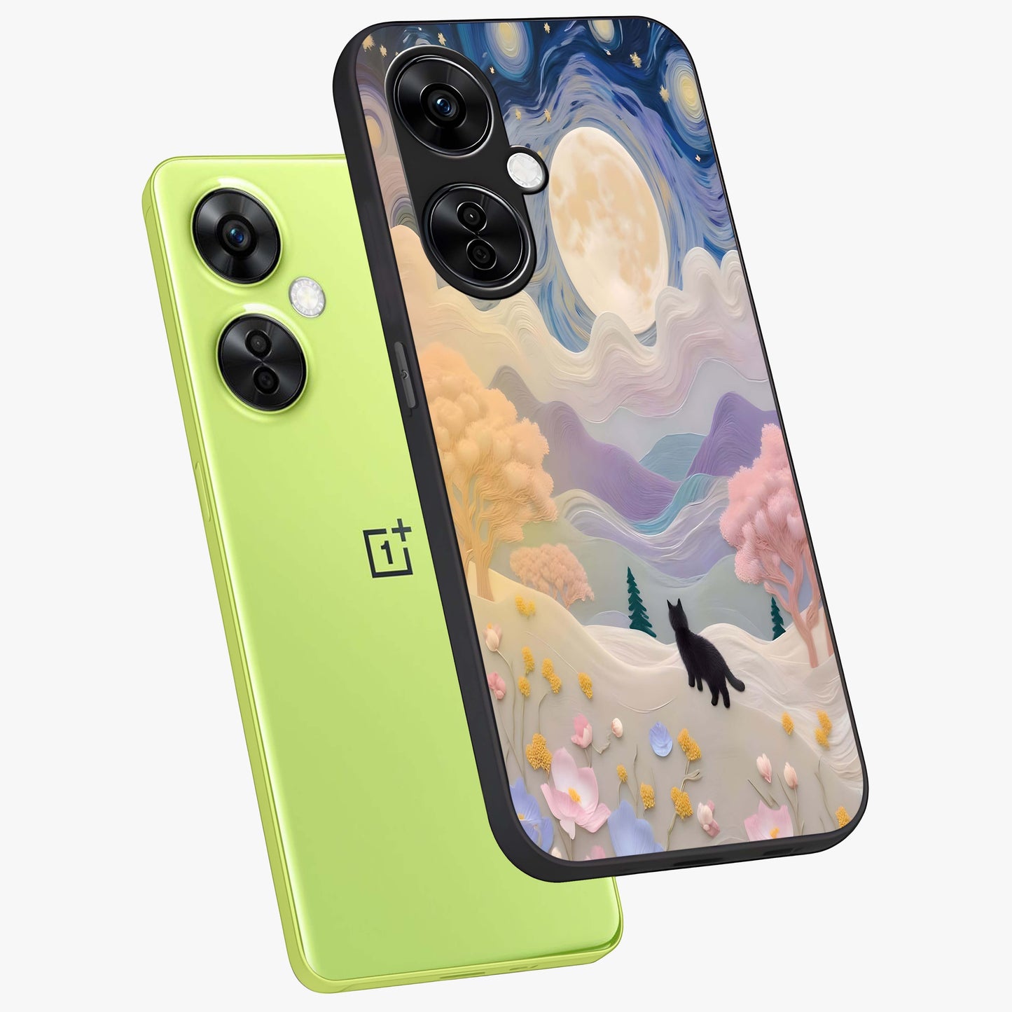 Moonlit Petal Path Glass Case for 1+Nord CE 3 Lite angled mockup showcasing glossy finish and dreamy gradient tones