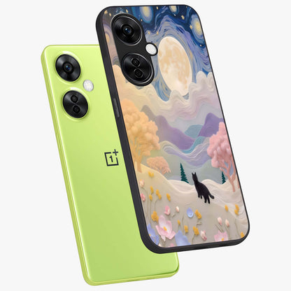 Moonlit Petal Path Glass Case for 1+Nord CE 3 Lite angled mockup showcasing glossy finish and dreamy gradient tones