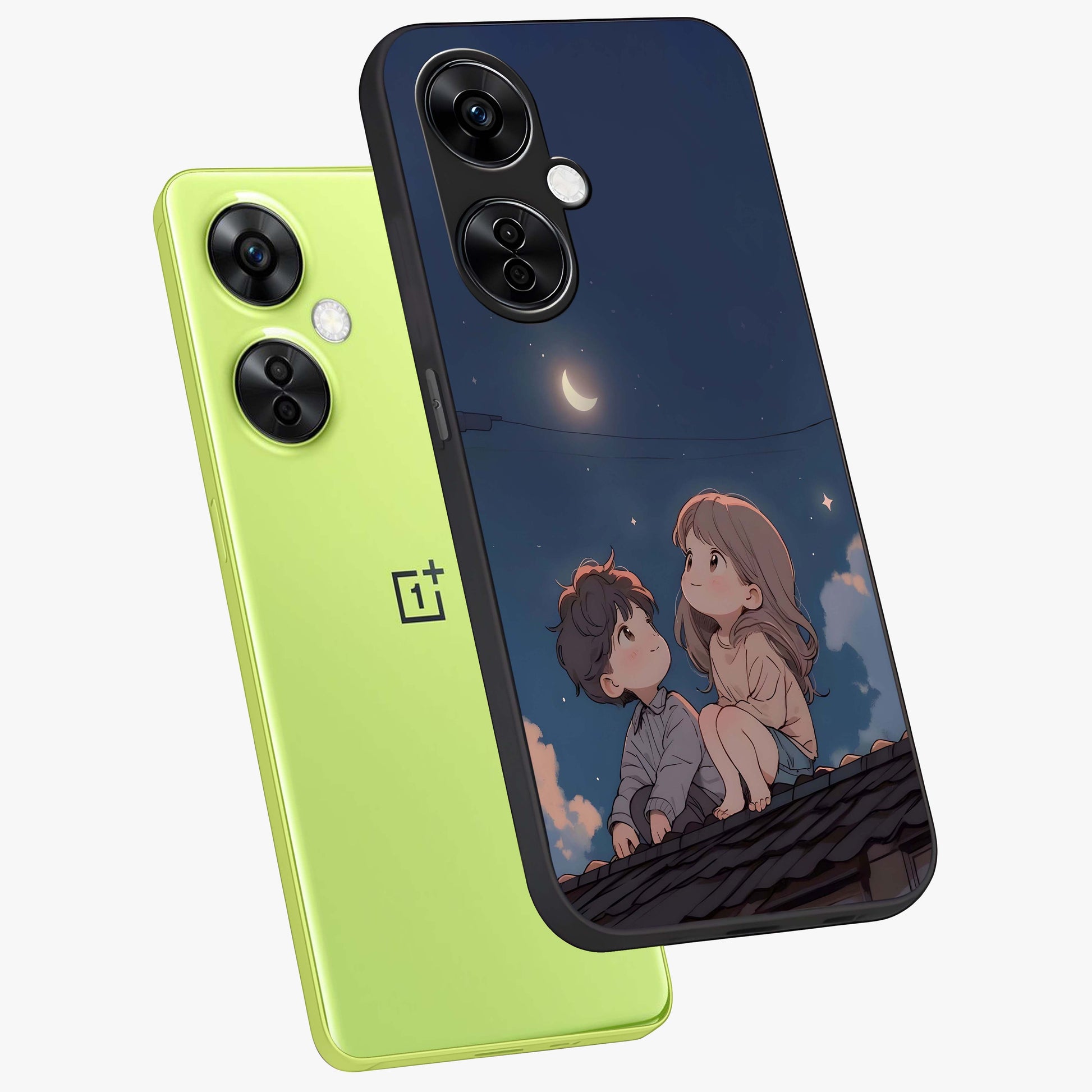 Moonlit Promise Together Glass Case for 1+Nord CE 3 Lite angled mockup showcasing glossy finish and soft emotional detailing
