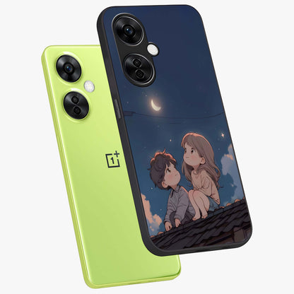 Moonlit Promise Together Glass Case for 1+Nord CE 3 Lite angled mockup showcasing glossy finish and soft emotional detailing