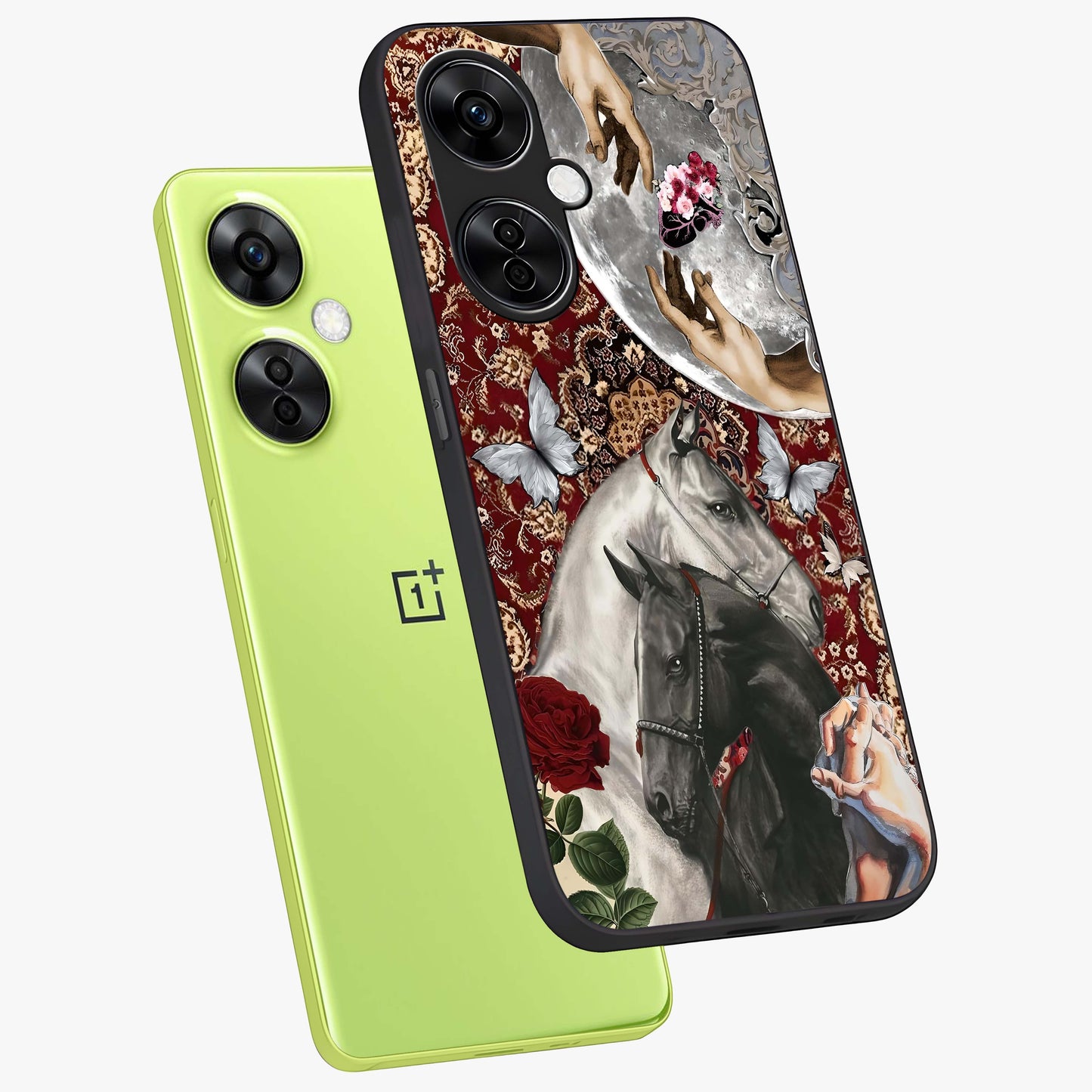 Moonlit Royal Stallion Glass Case for 1+Nord CE 3 Lite angled mockup showcasing glossy finish and deep midnight tones