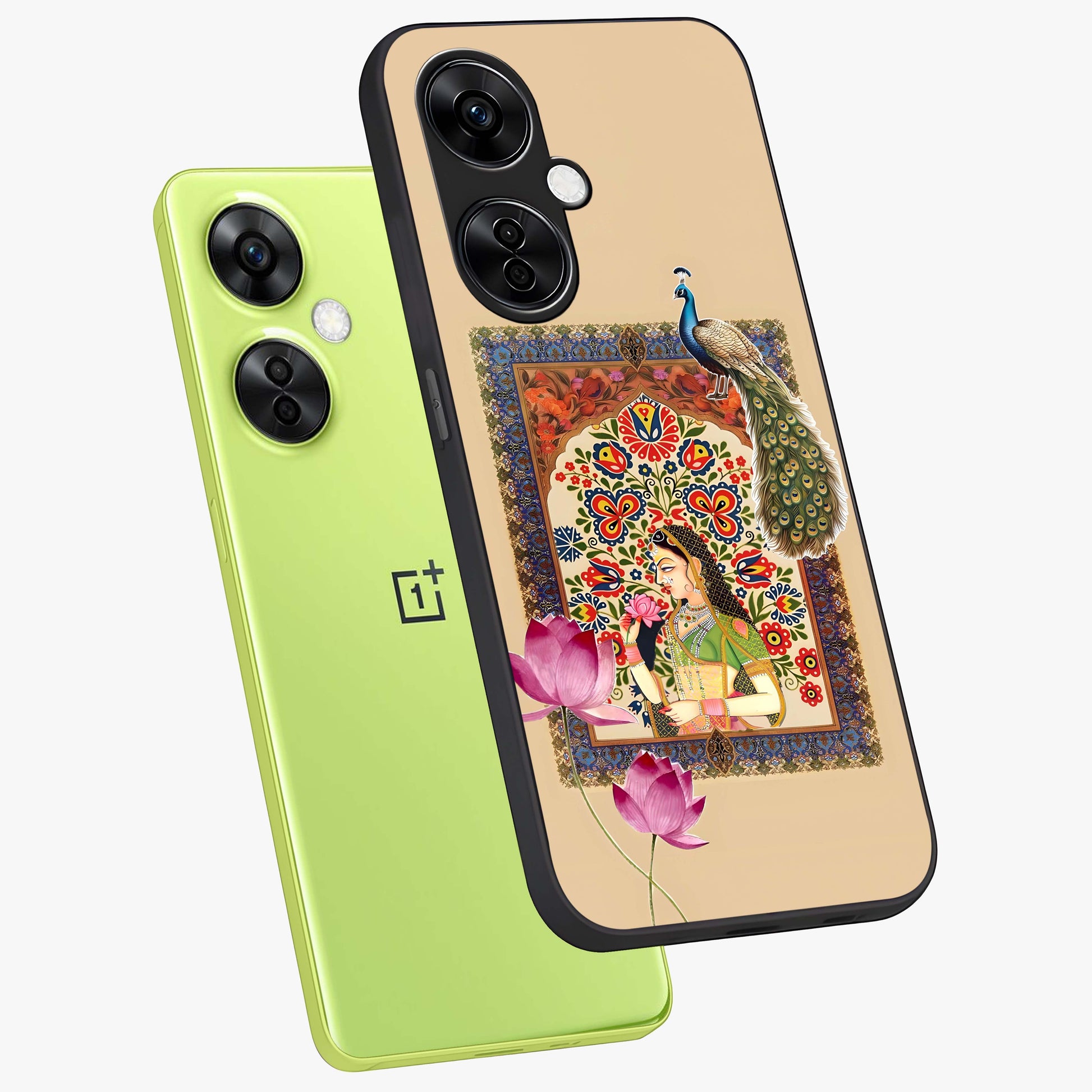 Mughal Princess and Peacock Glass Case for 1+Nord CE 3 Lite angled mockup showcasing glossy finish and rich heritage tones