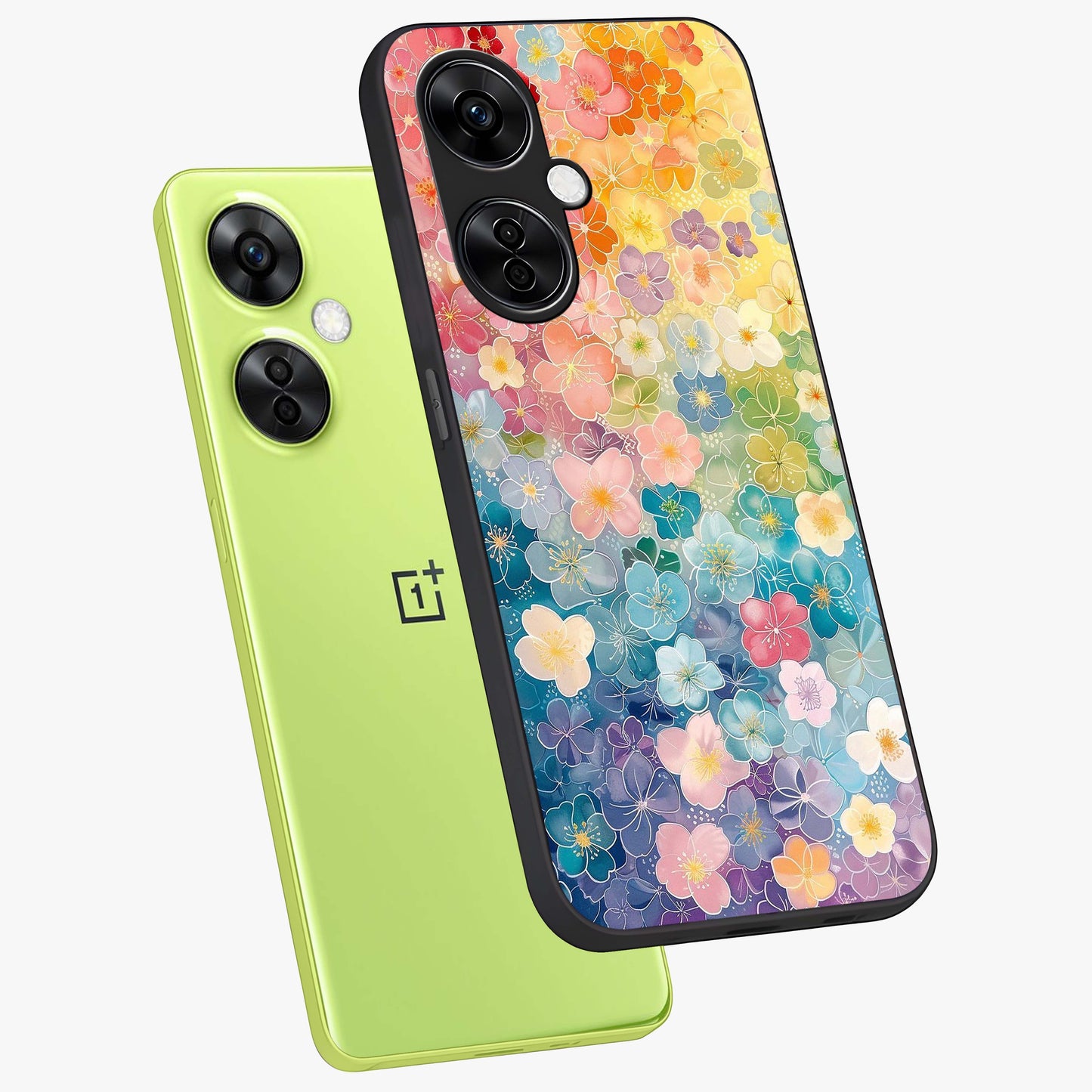 Multiple Background With Flower Glass Case for 1+Nord CE 3 Lite angled mockup showcasing glossy glass finish and colorful detailing