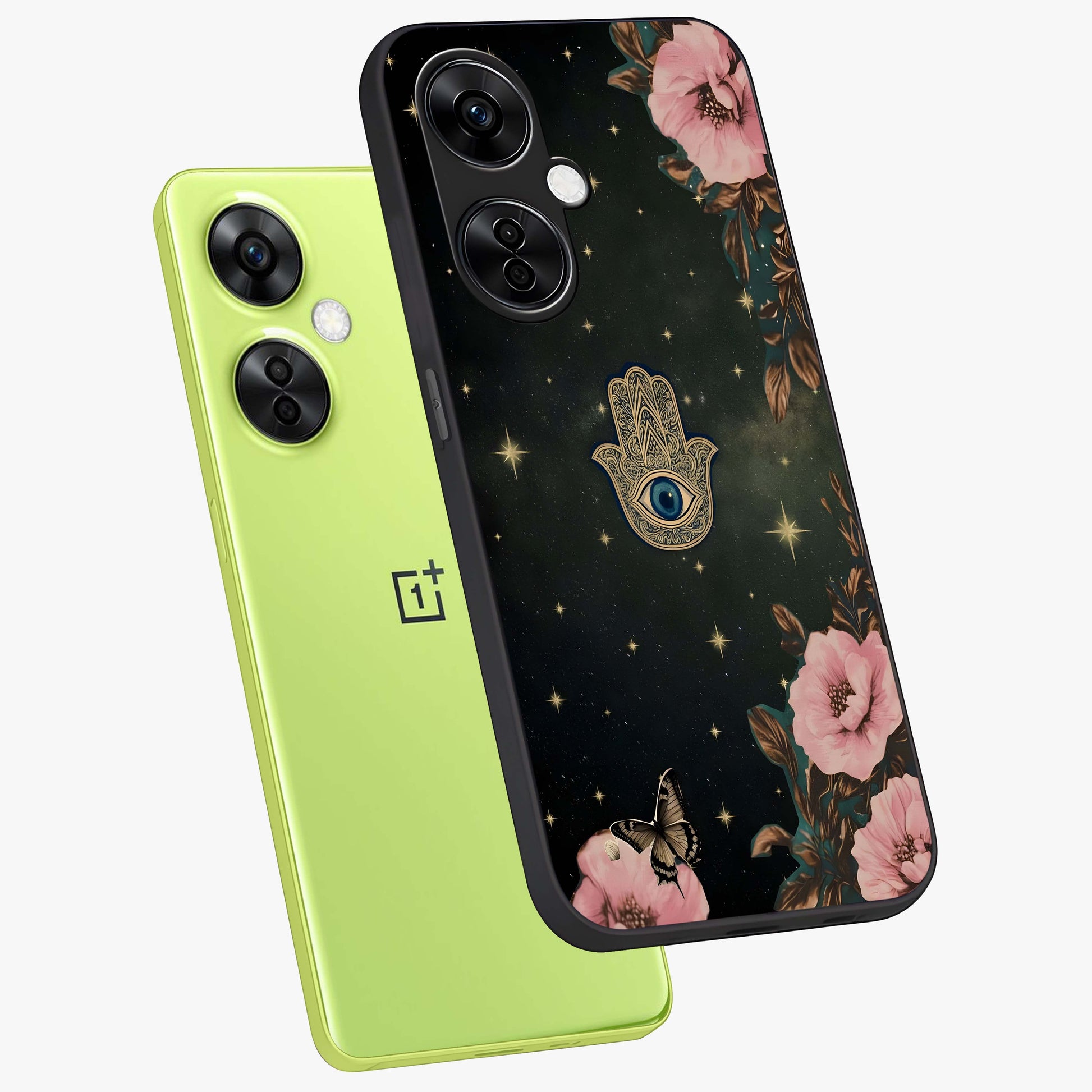 Mystic Bloom Protection Glass Case for 1+Nord CE 3 Lite angled mockup showcasing glossy finish and vibrant spiritual tones
