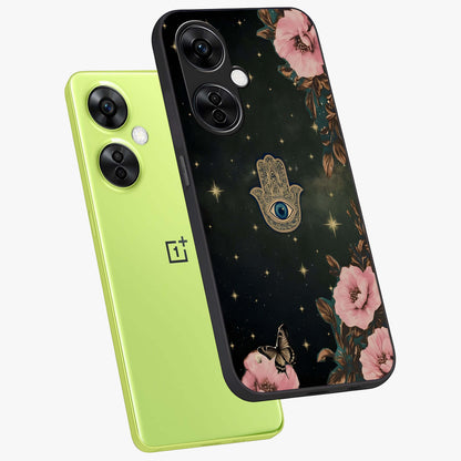 Mystic Bloom Protection Glass Case for 1+Nord CE 3 Lite angled mockup showcasing glossy finish and vibrant spiritual tones