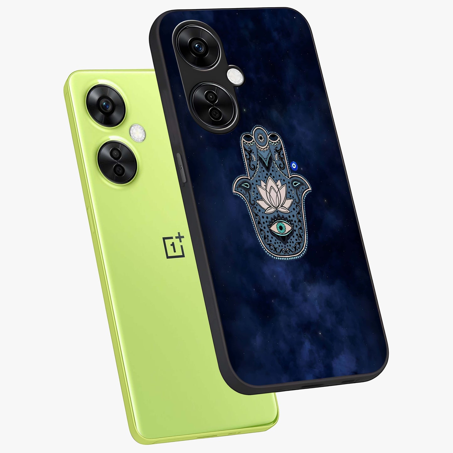 Mystic Calm Shield Glass Case for 1+Nord CE 3 Lite angled mockup showcasing glossy finish and subtle mystical detailing