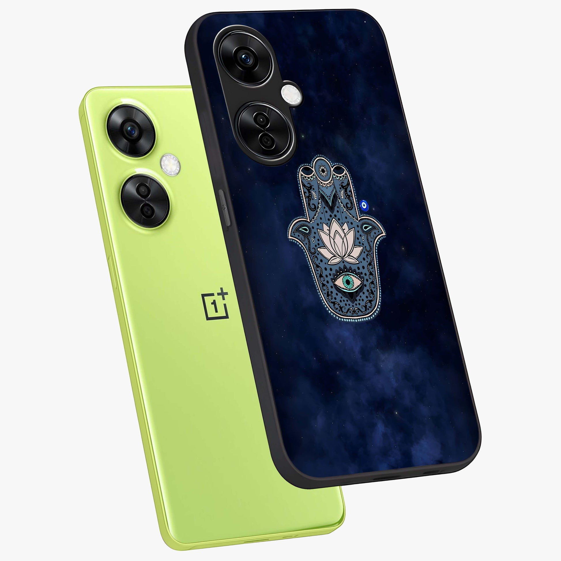 Mystic Calm Shield Glass Case for 1+Nord CE 3 Lite angled mockup showcasing glossy finish and subtle mystical detailing
