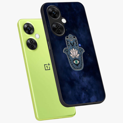 Mystic Calm Shield Glass Case for 1+Nord CE 3 Lite angled mockup showcasing glossy finish and subtle mystical detailing