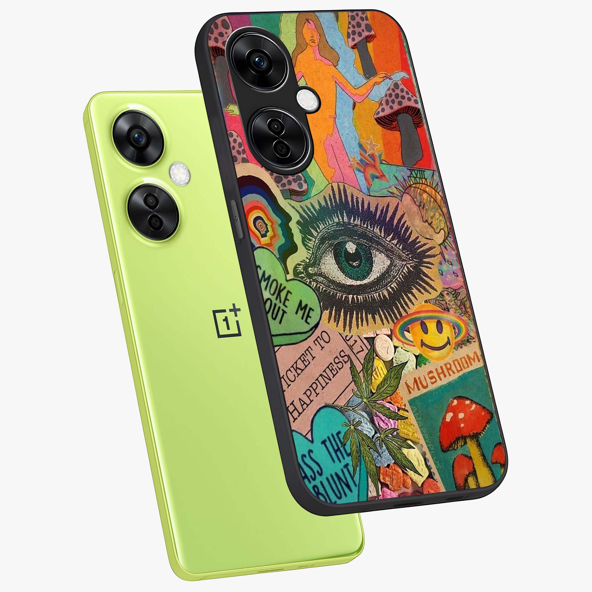 Mystic Eye Wonderland Glass Case for 1+Nord CE 3 Lite angled mockup showcasing glossy finish and vibrant cosmic tones