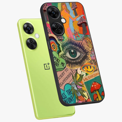 Mystic Eye Wonderland Glass Case for 1+Nord CE 3 Lite angled mockup showcasing glossy finish and vibrant cosmic tones