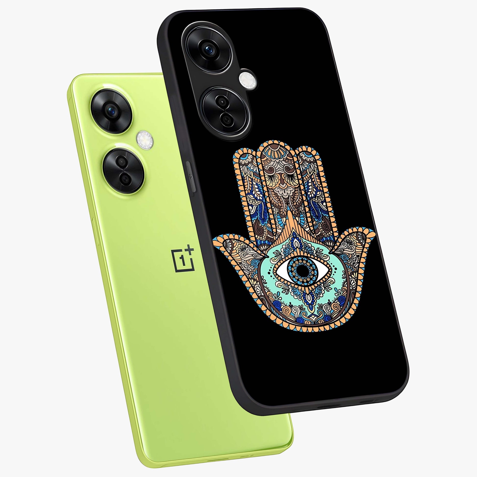 Mystic Hamsa Eye Glass Case for 1+Nord CE 3 Lite angled mockup showcasing glossy finish and protective design elements
