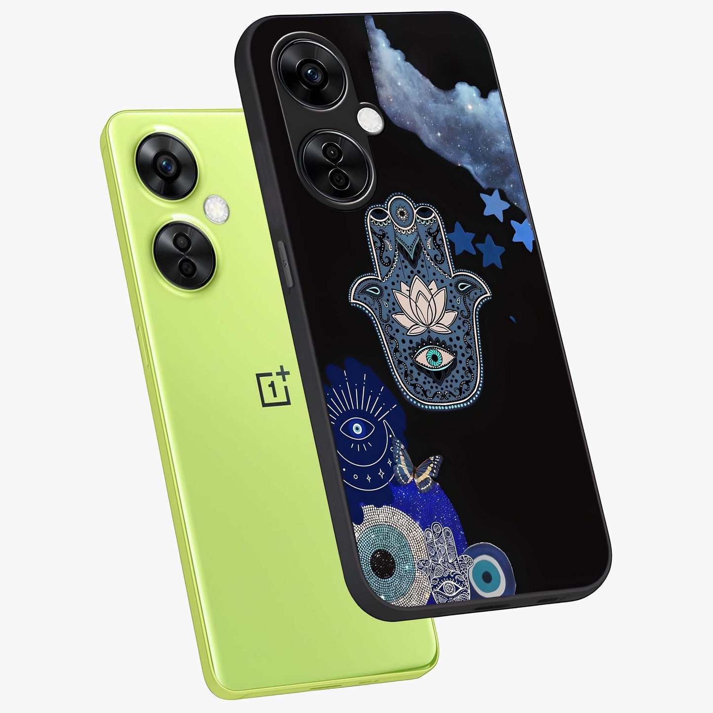 Mystic Hand Aura Glass Case for 1+Nord CE 3 Lite angled mockup showcasing glossy finish and radiant mystical detailing