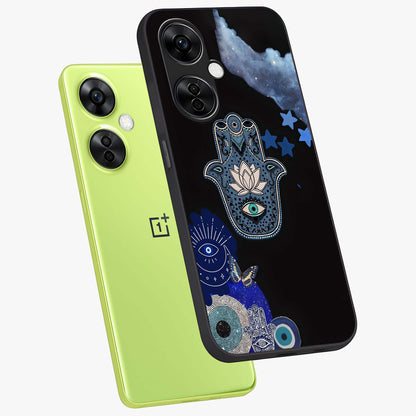 Mystic Hand Aura Glass Case for 1+Nord CE 3 Lite angled mockup showcasing glossy finish and radiant mystical detailing