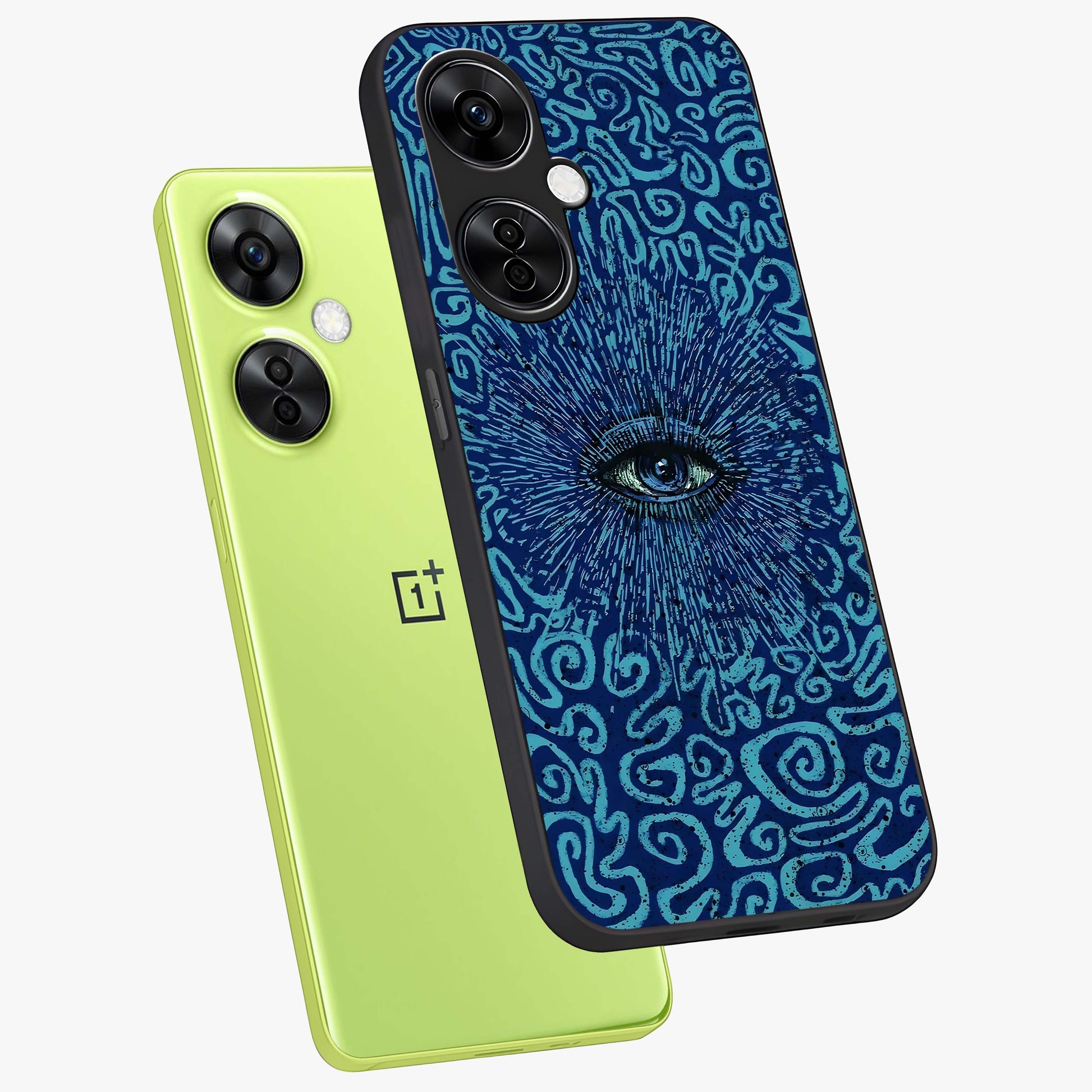 Mystic Inner Eye Glass Case for 1+Nord CE 3 Lite angled mockup showcasing glossy finish and deep cosmic gradients