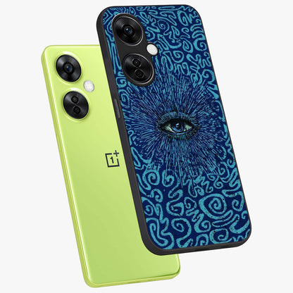 Mystic Inner Eye Glass Case for 1+Nord CE 3 Lite angled mockup showcasing glossy finish and deep cosmic gradients