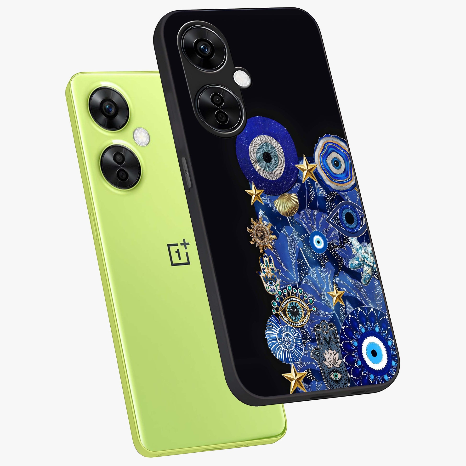 Mystic Ocean Eye Glass Case for 1+Nord CE 3 Lite angled mockup showcasing glossy finish and fluid wave detailing