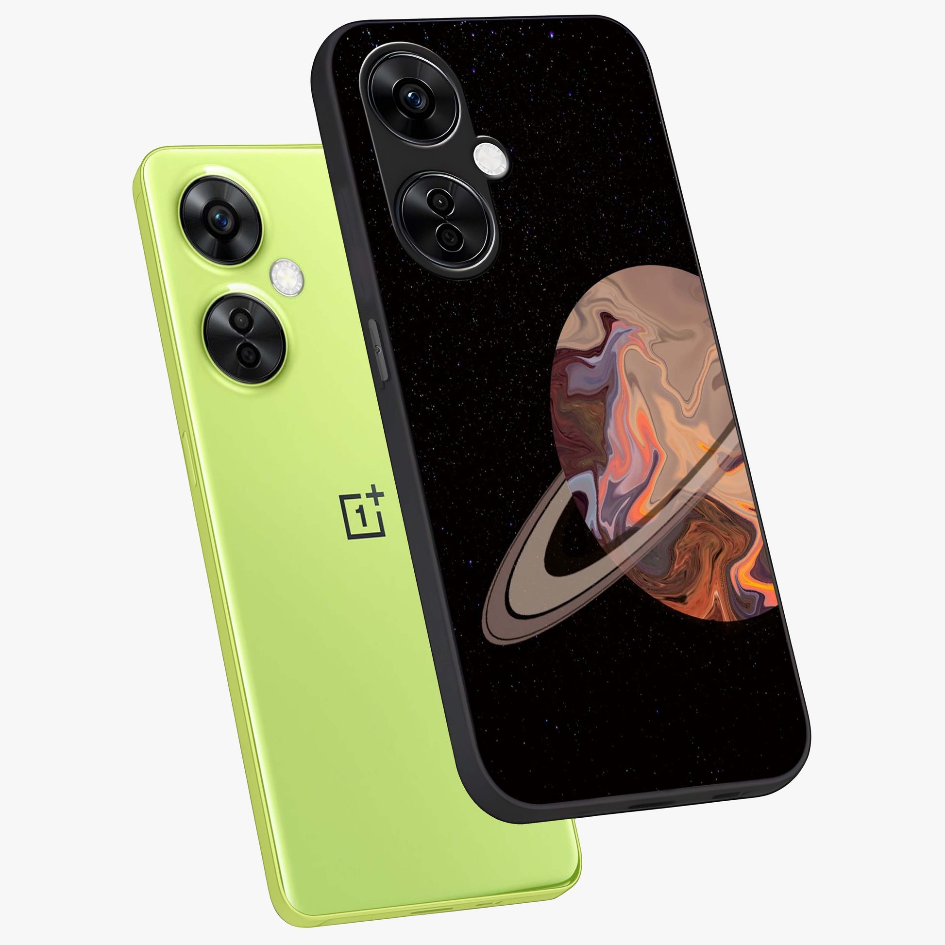 Mystic Saturn Aesthetic Glass Case for 1+Nord CE 3 Lite angled mockup showcasing glossy finish and deep space gradients