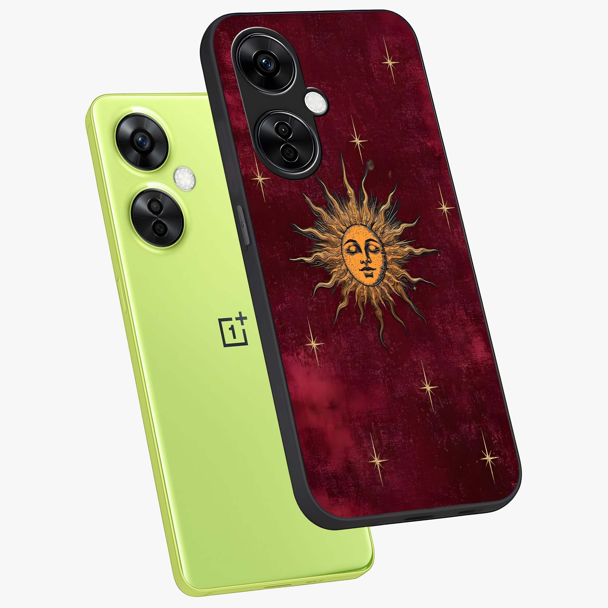 Mystic Solar Glow Glass Case for 1+Nord CE 3 Lite angled mockup showcasing glossy glass finish and warm golden tones