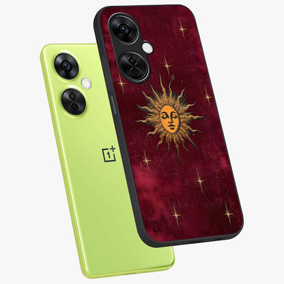 Mystic Solar Glow Glass Case for 1+Nord CE 3 Lite angled mockup showcasing glossy glass finish and warm golden tones