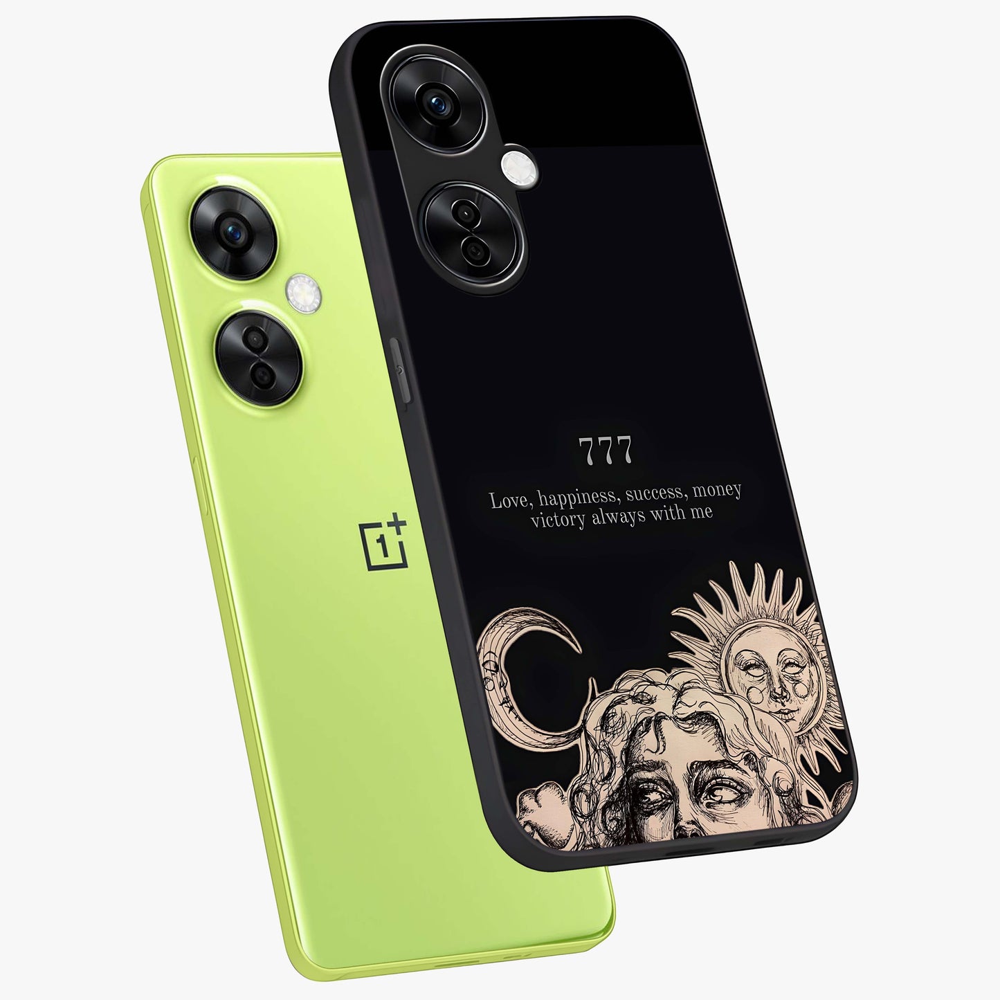 Mystic Victory Aura Glass Case for 1+Nord CE 3 Lite angled mockup showcasing glossy finish and vibrant mystical gradients