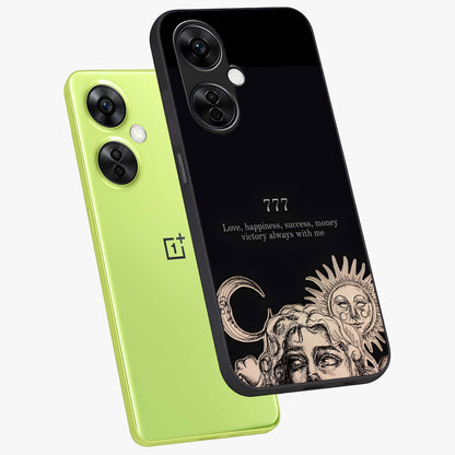 Mystic Victory Aura Glass Case for 1+Nord CE 3 Lite angled mockup showcasing glossy finish and vibrant mystical gradients