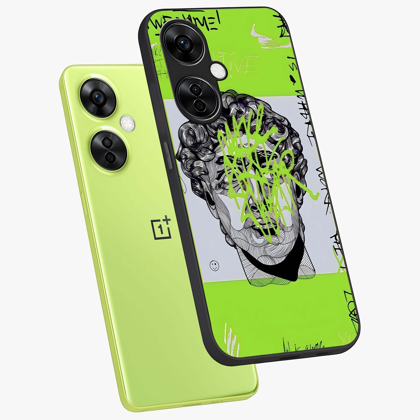 Neo Graffiti Rebellion Glass Case for 1+Nord CE 3 Lite angled mockup showcasing glossy finish and urban neon detailing