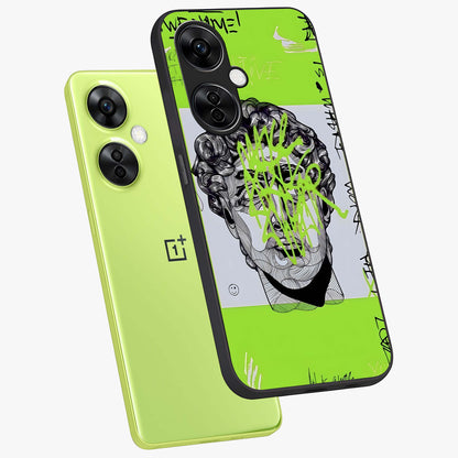 Neo Graffiti Rebellion Glass Case for 1+Nord CE 3 Lite angled mockup showcasing glossy finish and urban neon detailing