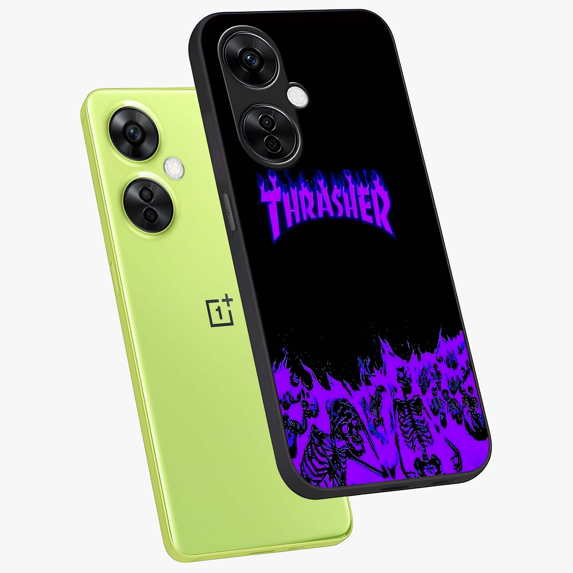 Neon Flame Riot Glass Case for 1+Nord CE 3 Lite angled mockup showcasing glossy finish and high contrast colors