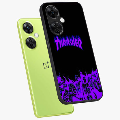 Neon Flame Riot Glass Case for 1+Nord CE 3 Lite angled mockup showcasing glossy finish and high contrast colors