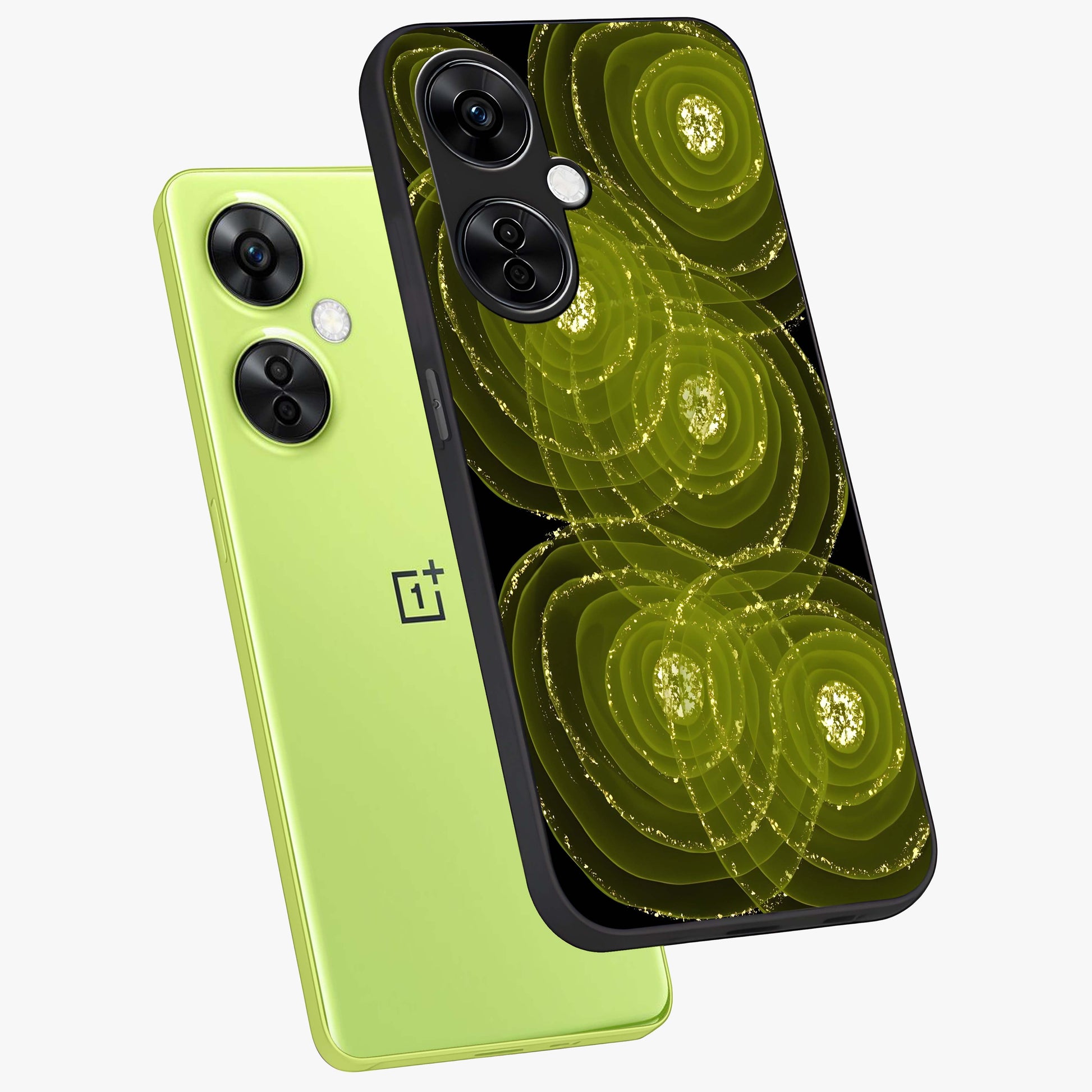 Neon Orbit Bloom Marble Glass Case for 1+Nord CE 3 Lite angled mockup showcasing glossy finish and vibrant bloom detailing