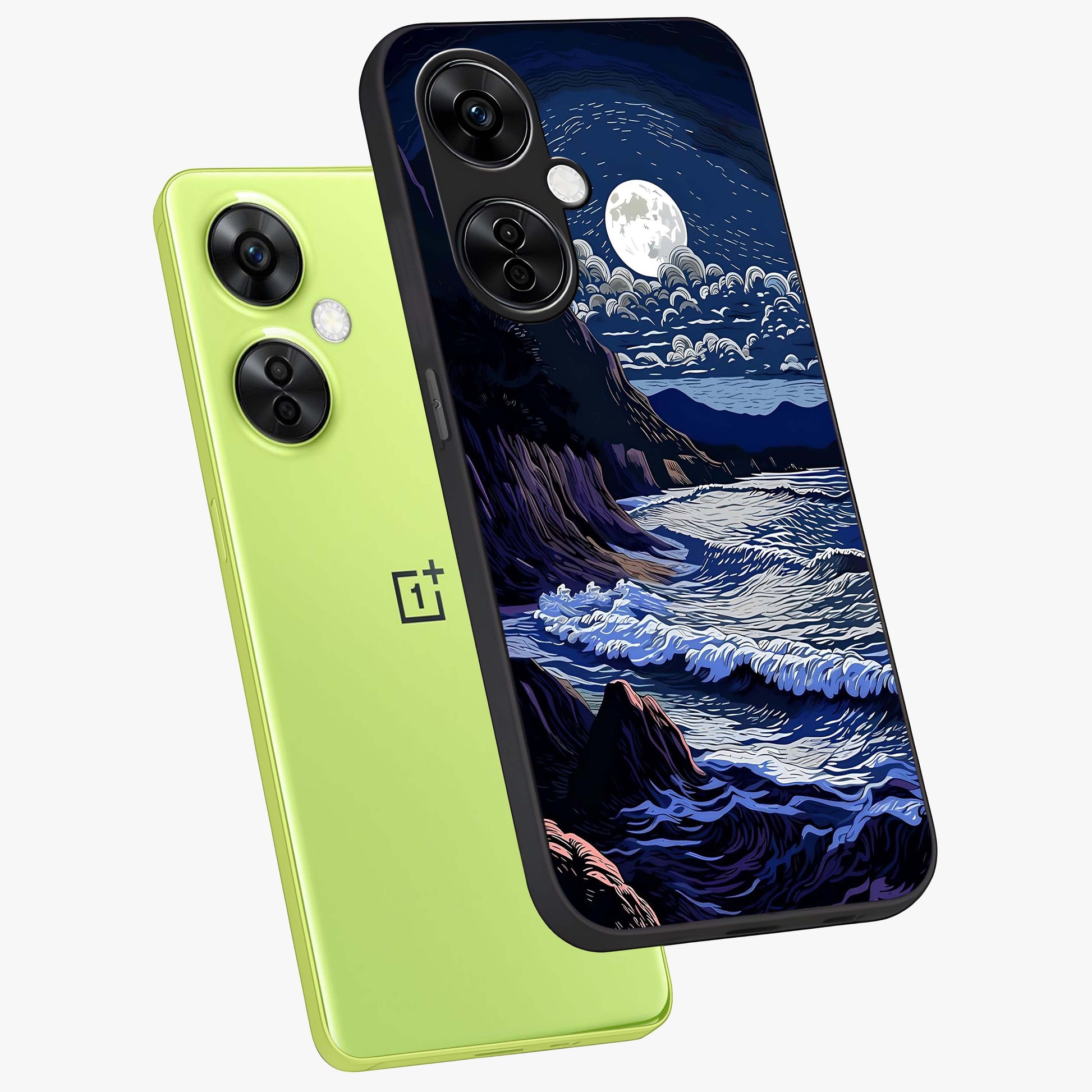 Night Moon Scenery Pattern Glass Case for 1+Nord CE 3 Lite angled mockup showcasing glossy finish and deep night tones