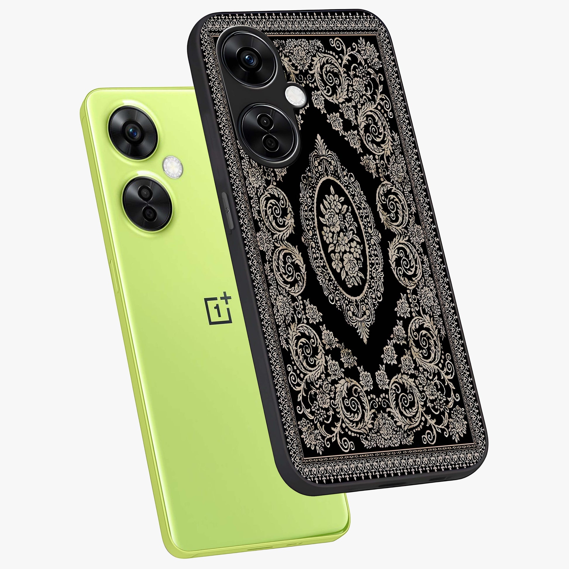 Noir Bloom Elegance Glass Case for 1+Nord CE 3 Lite angled mockup showcasing glossy finish and refined bloom detailing