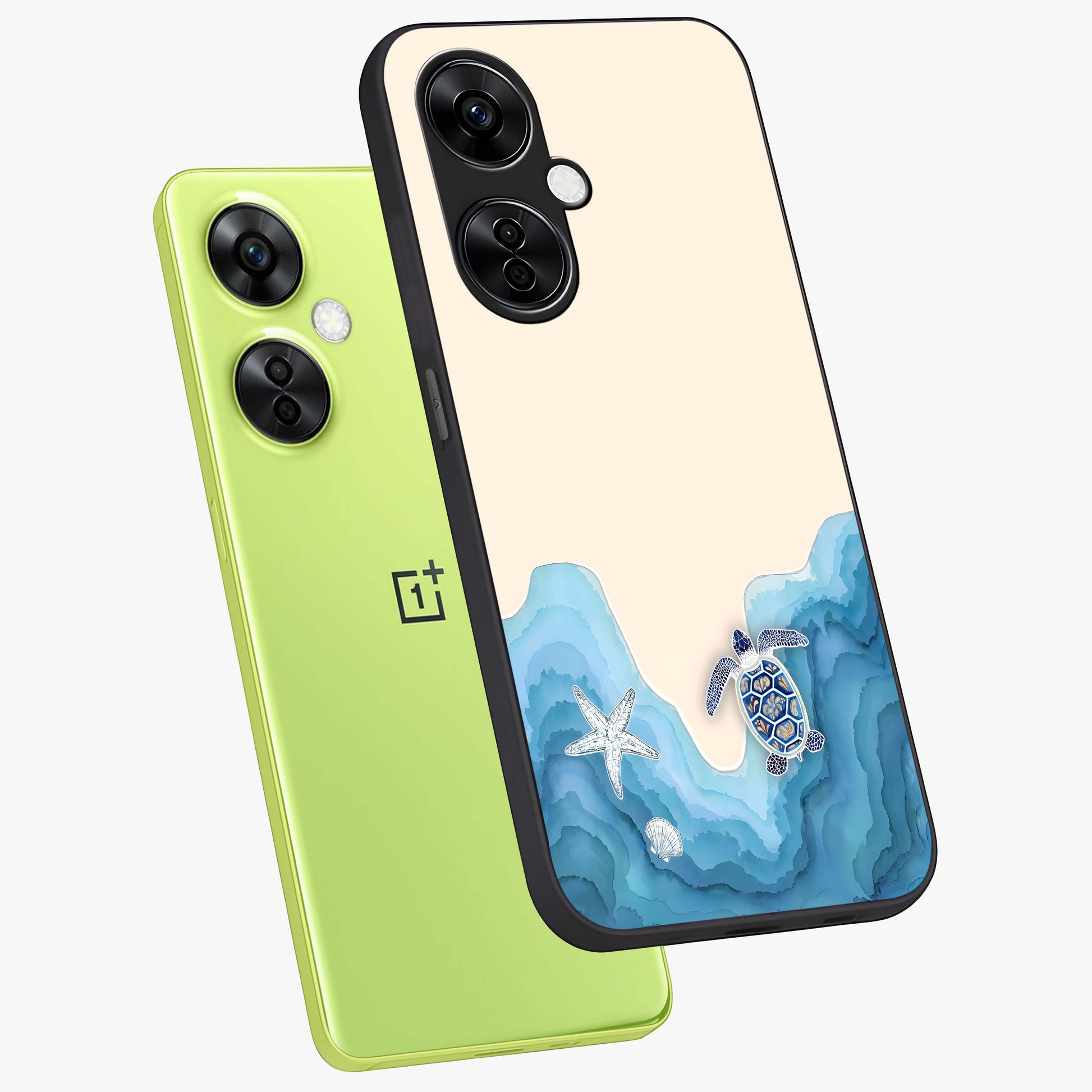 Ocean Drift Turtle Glass Case for 1+Nord CE 3 Lite angled mockup showcasing glossy glass finish and fluid wave detailing