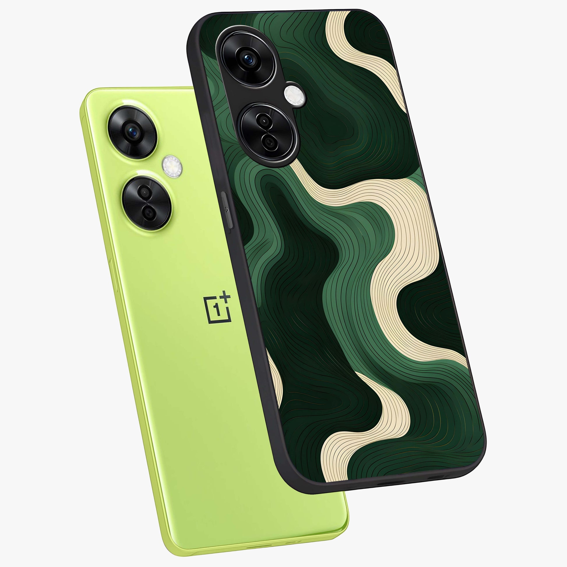 Organic Swirl Design Glass Case for 1+Nord CE 3 Lite angled mockup showcasing glossy finish and smooth gradient tones