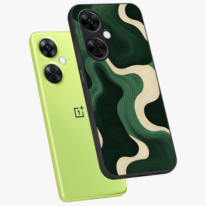 Organic Swirl Design Glass Case for 1+Nord CE 3 Lite angled mockup showcasing glossy finish and smooth gradient tones