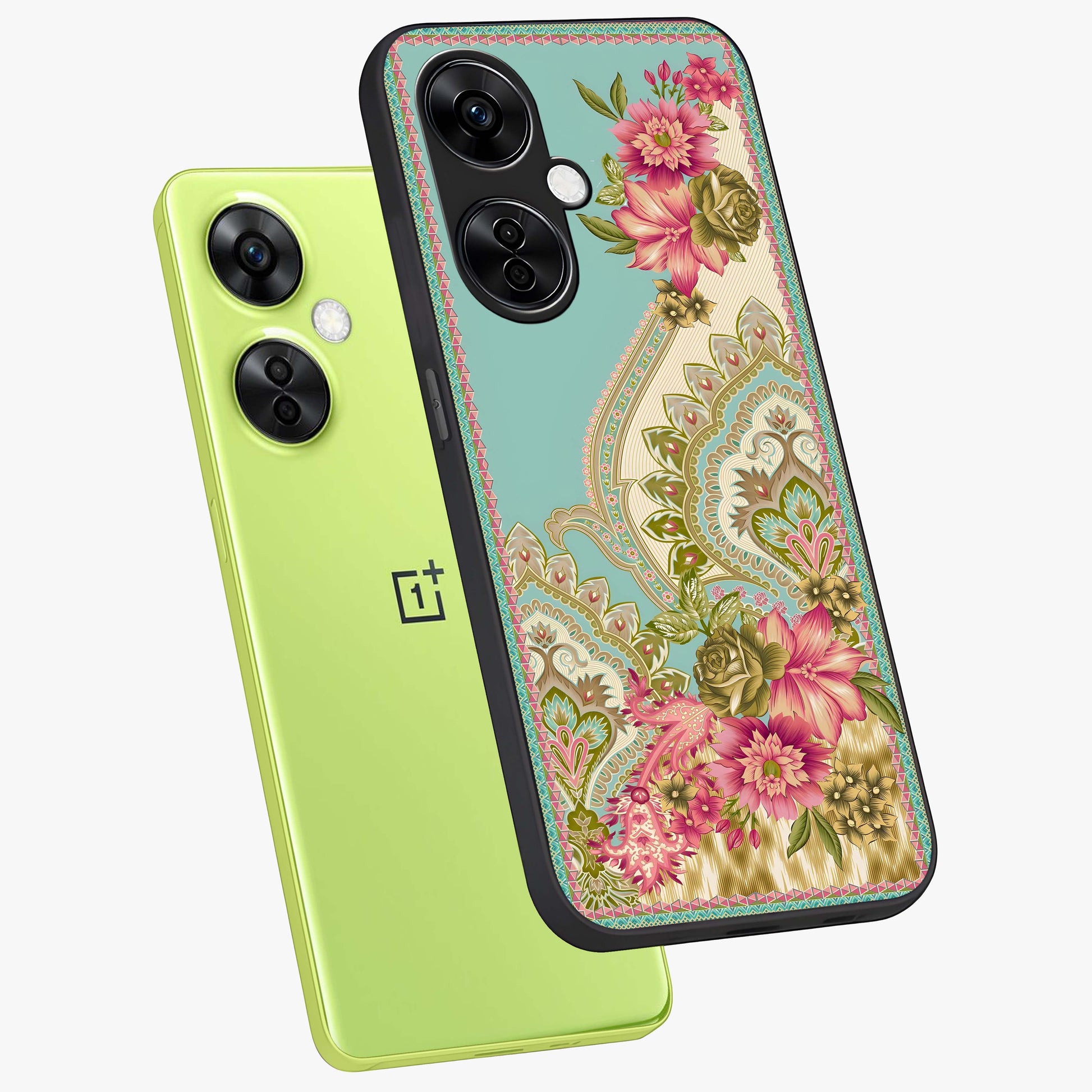 Ornate Mughal Floral Pattern Glass Case for 1+Nord CE 3 Lite angled mockup showcasing glossy finish and rich heritage detailing
