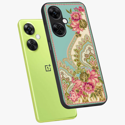 Ornate Mughal Floral Pattern Glass Case for 1+Nord CE 3 Lite angled mockup showcasing glossy finish and rich heritage detailing