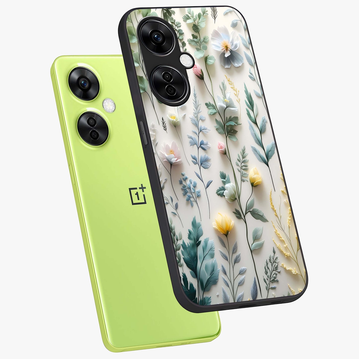 Pastel Garden Whispers Glass Case for 1+Nord CE 3 Lite angled mockup showcasing glossy finish and gentle bloom tones
