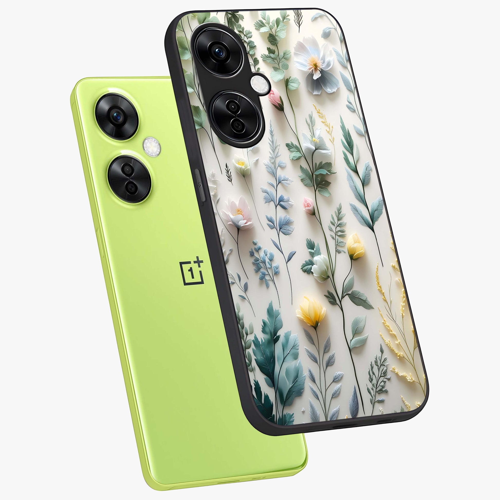 Pastel Garden Whispers Glass Case for 1+Nord CE 3 Lite angled mockup showcasing glossy finish and gentle bloom tones
