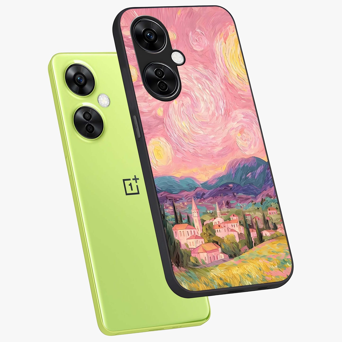 Pastel Starry Village Glass Case for 1+Nord CE 3 Lite angled mockup showcasing glossy finish and soft celestial tones