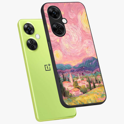 Pastel Starry Village Glass Case for 1+Nord CE 3 Lite angled mockup showcasing glossy finish and soft celestial tones