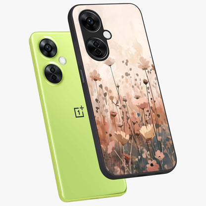 Pastel Wildflowers Glass Case for 1+Nord CE 3 Lite angled mockup showcasing glossy finish and fresh floral detailing