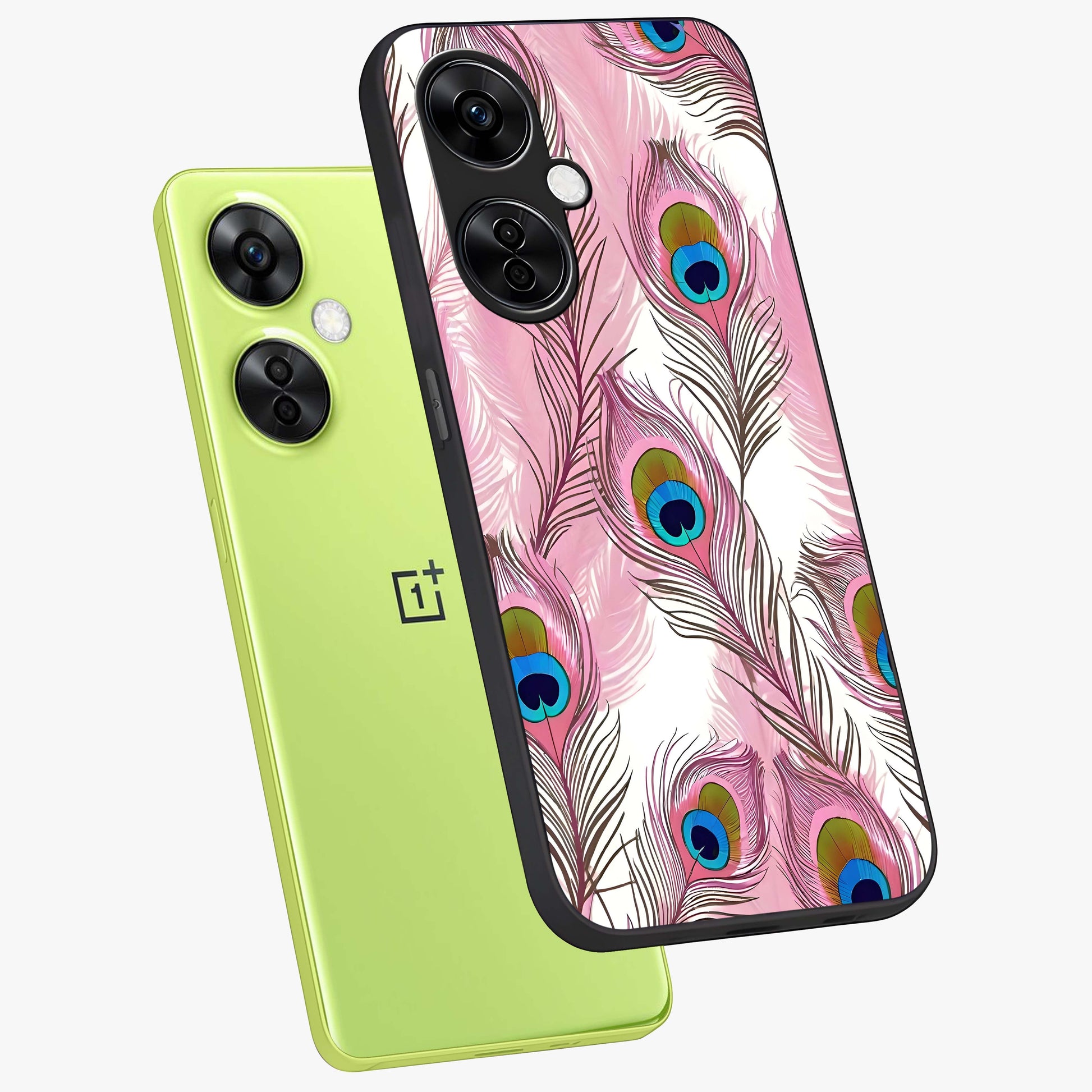 Peacock Feathers Floating Glass Case for 1+Nord CE 3 Lite angled mockup showcasing glossy finish and graceful detailing