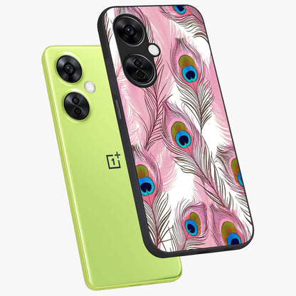 Peacock Feathers Floating Glass Case for 1+Nord CE 3 Lite angled mockup showcasing glossy finish and graceful detailing