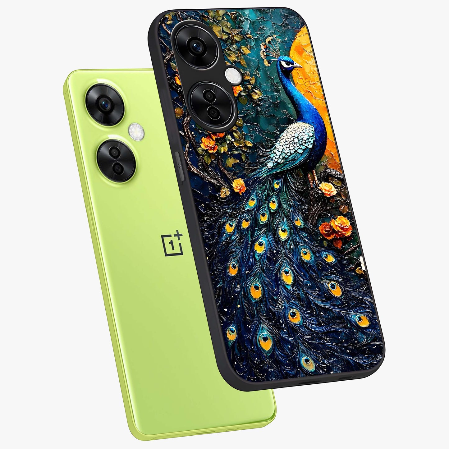 Peacock With Yellow Moon Glass Case for 1+Nord CE 3 Lite angled mockup showcasing glossy finish and deep night tones