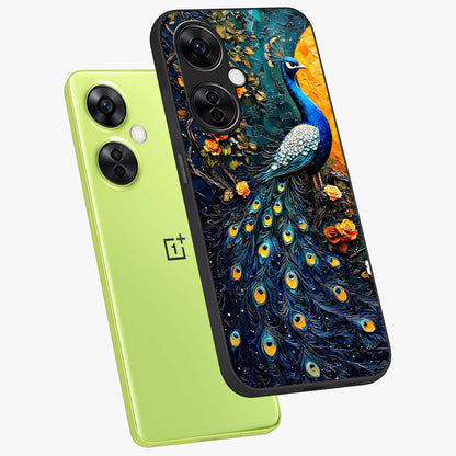 Peacock With Yellow Moon Glass Case for 1+Nord CE 3 Lite angled mockup showcasing glossy finish and deep night tones