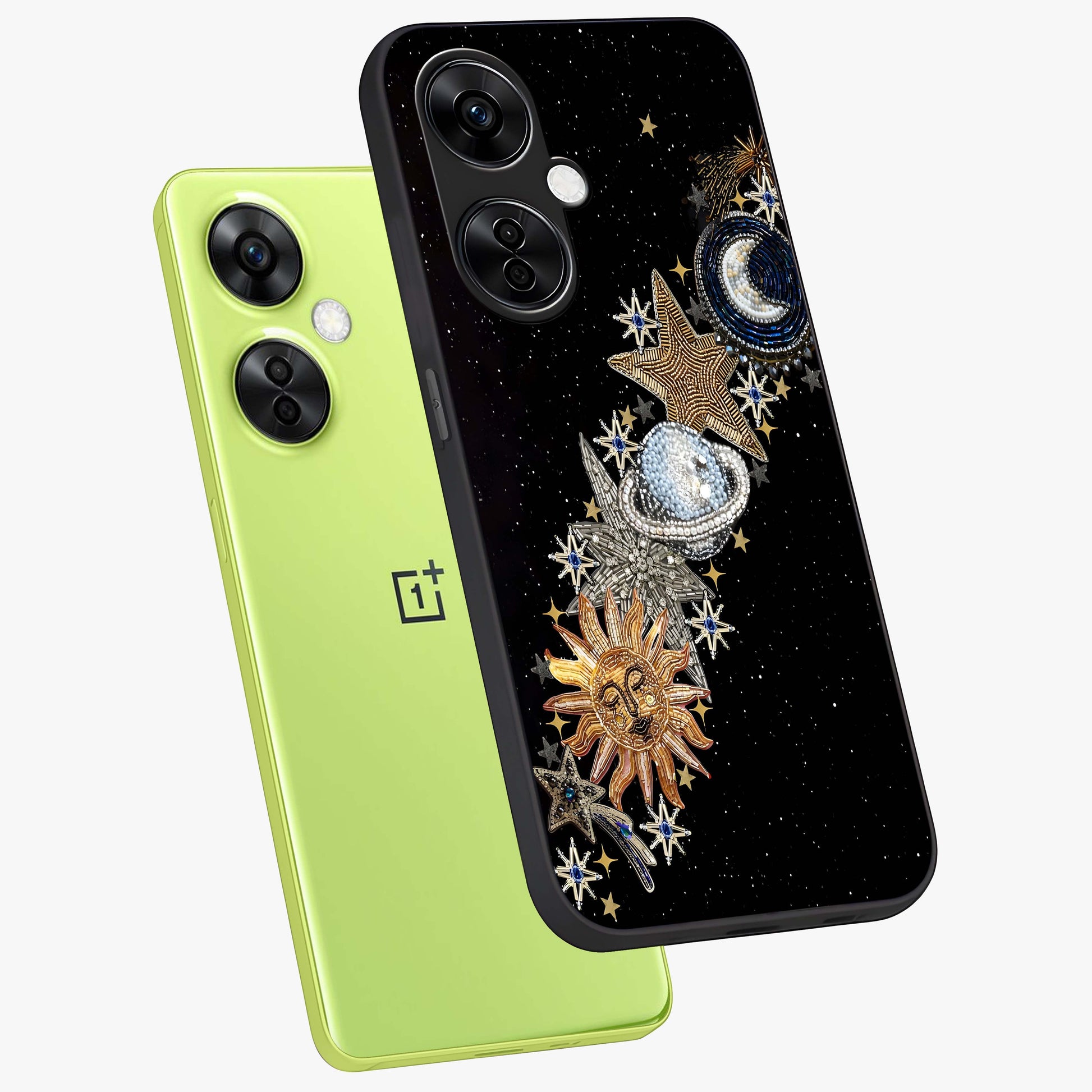 Pearls Universe Object Glass Case for 1+Nord CE 3 Lite angled mockup showcasing glossy finish and luminous celestial tones